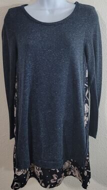 Mon Ami Blue Marled Floral Faux Layered Women's Top Small Long Sleeve Round Neck